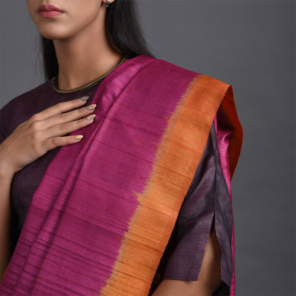 Ikat Tussar Bijli Handwoven Silk Saree Marmalade & Pink Vrikshdesigns
