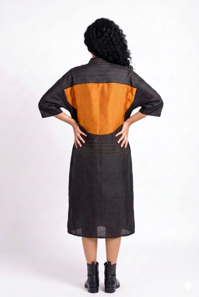 Handwoven Ikat Silk Shirt Dress Black