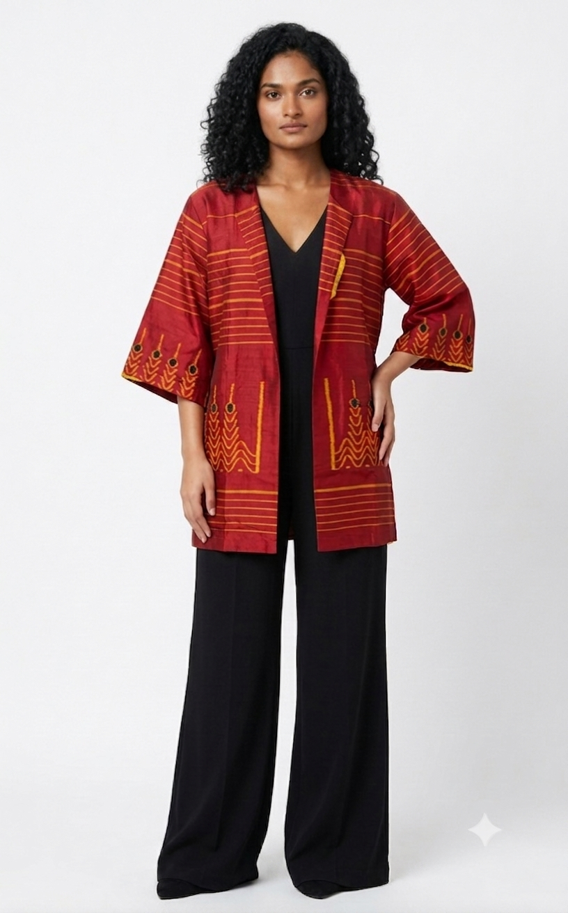 Handwoven ikat Silk Reversible Jacket Red