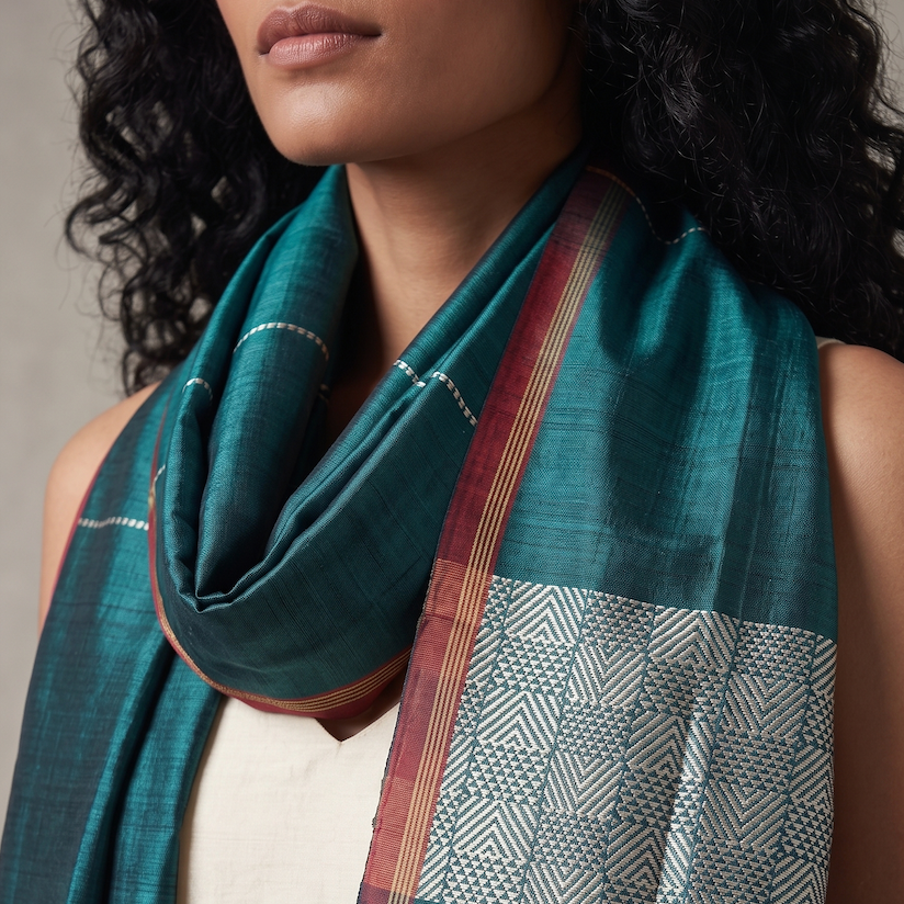 Tussar Silk Stole - Teal White