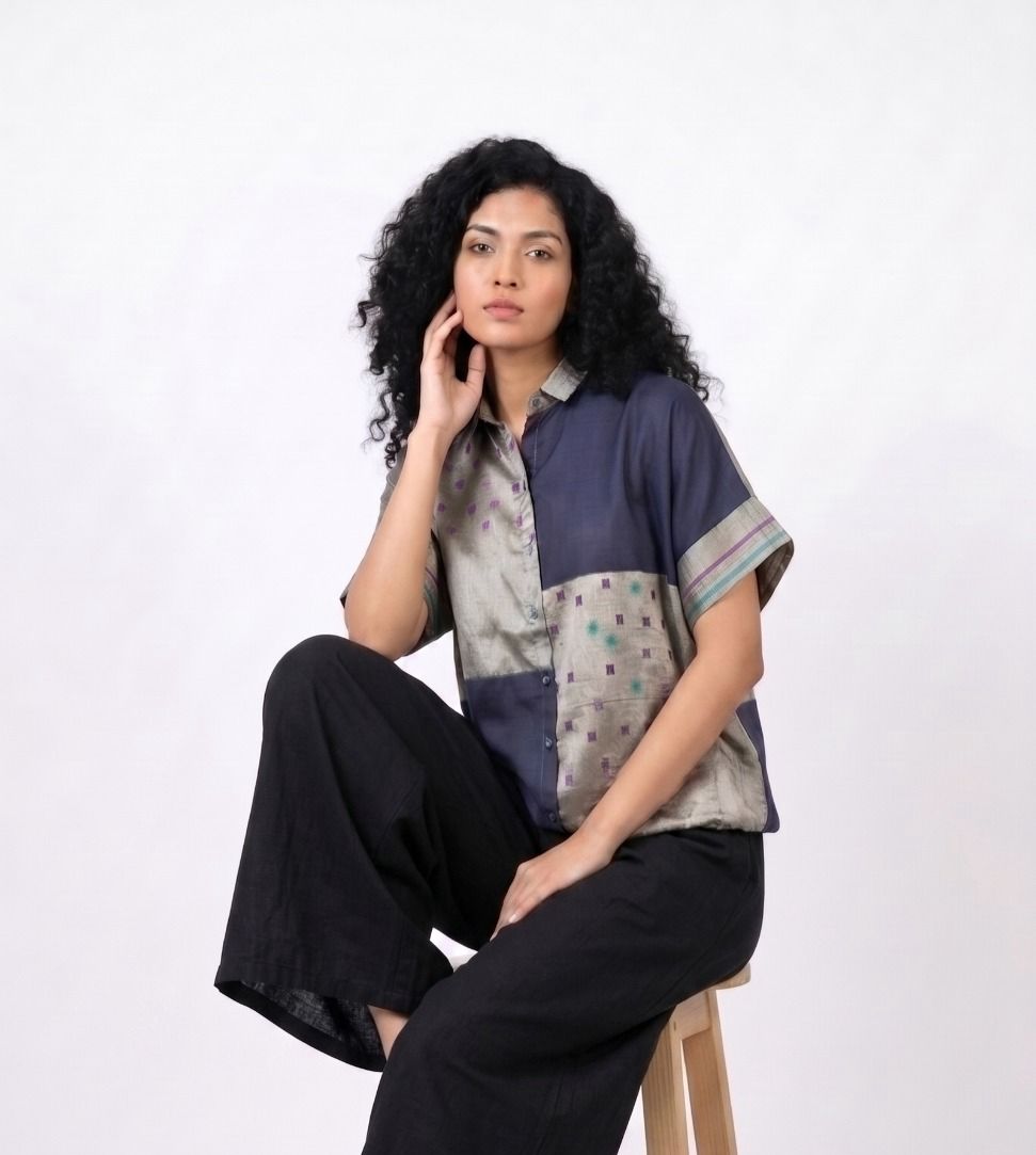Handwoven Ikat Silk Shirt (Chaand ) Blue