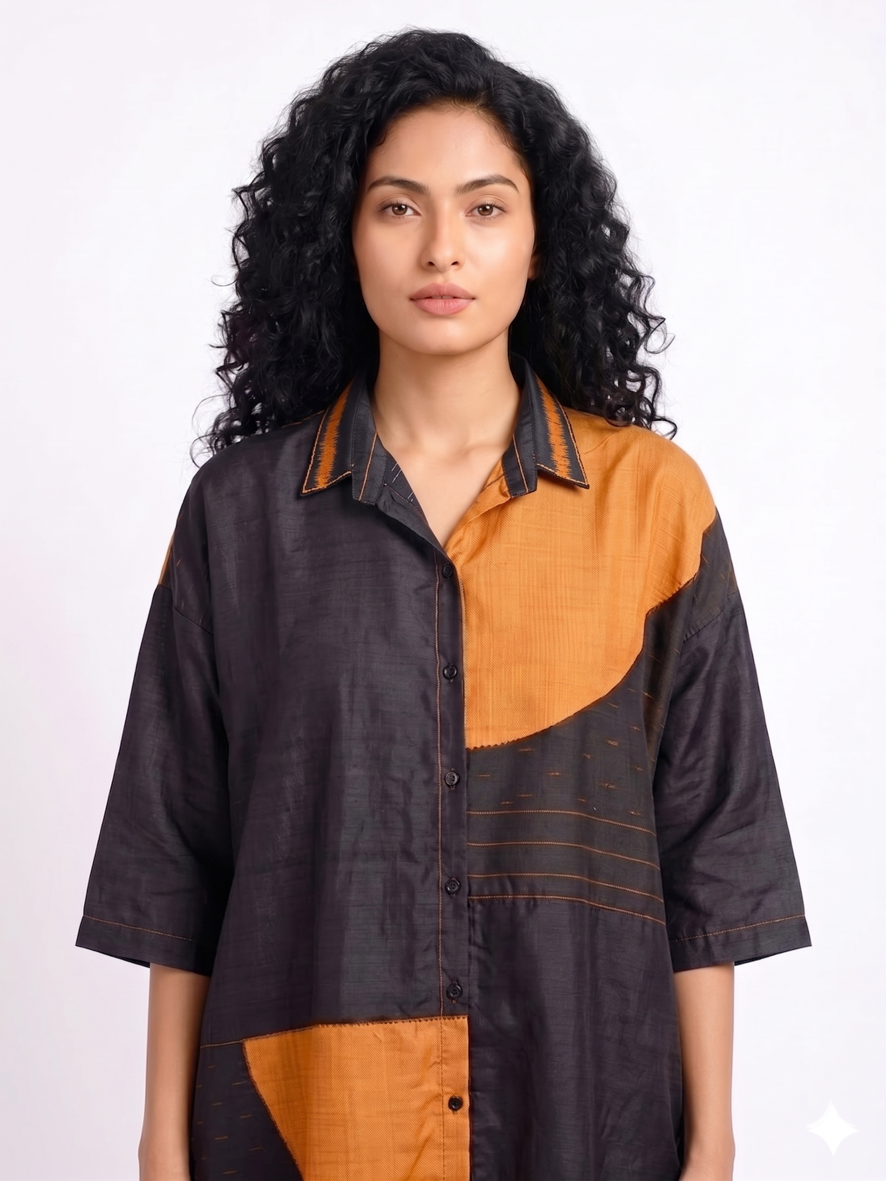 Handwoven Ikat Silk Shirt Dress Black