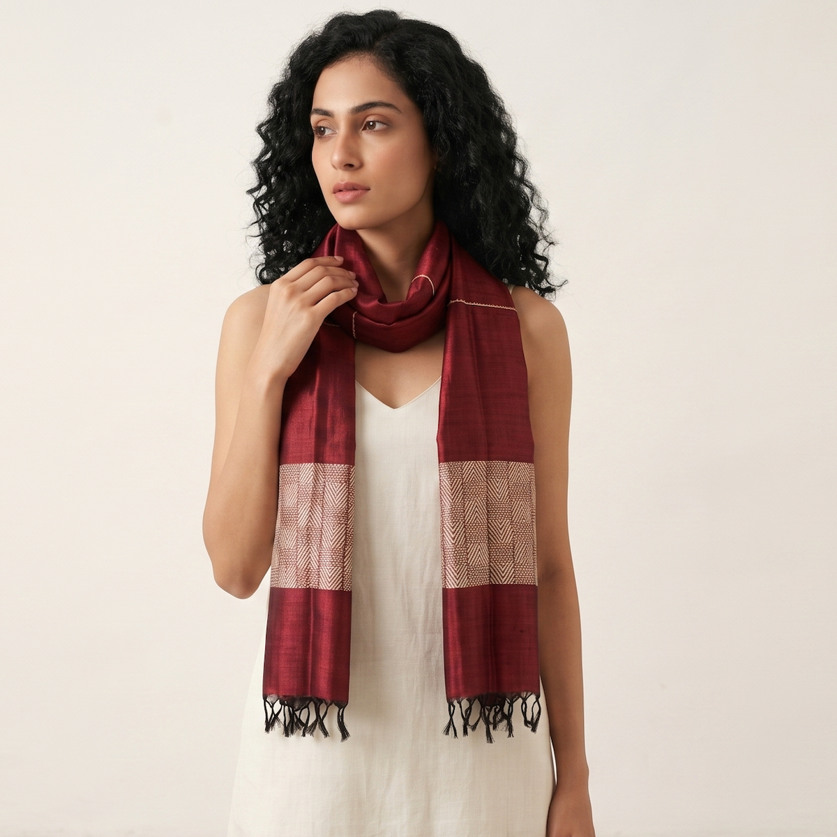 Tussar Silk Stole - Maroon
