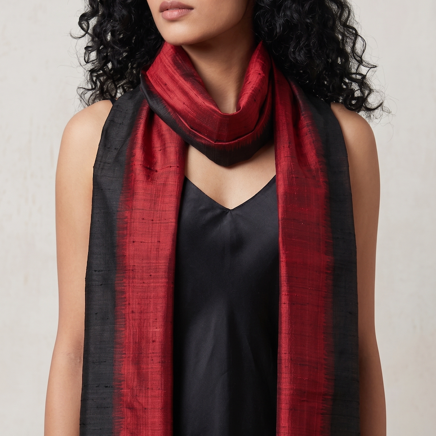 Ikat Silk Stole - Red Black