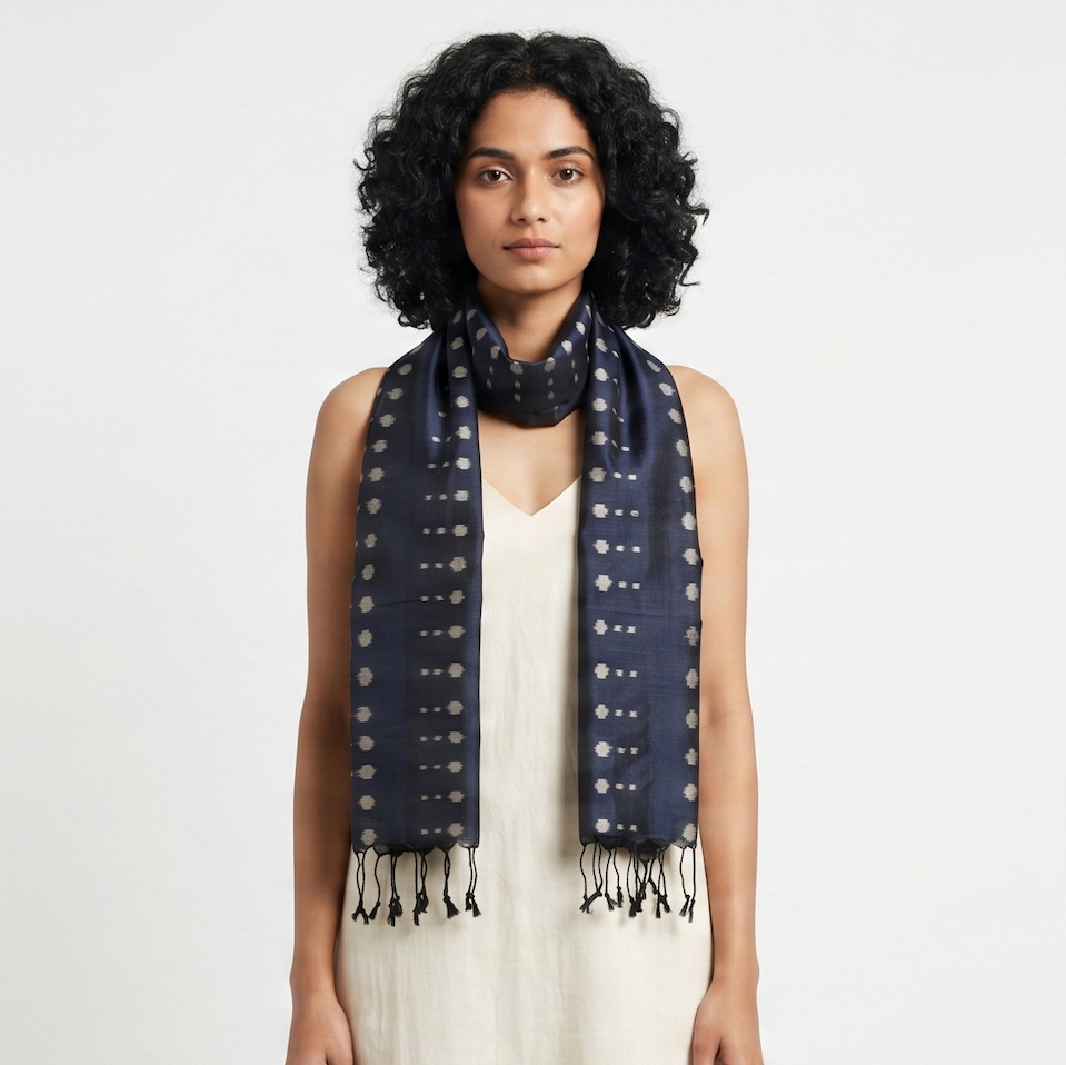 Ikat Silk Stole - Navy Blue