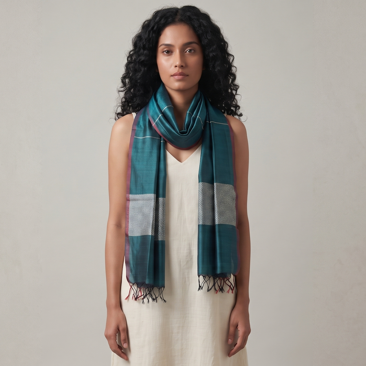Tussar Silk Stole - Teal White