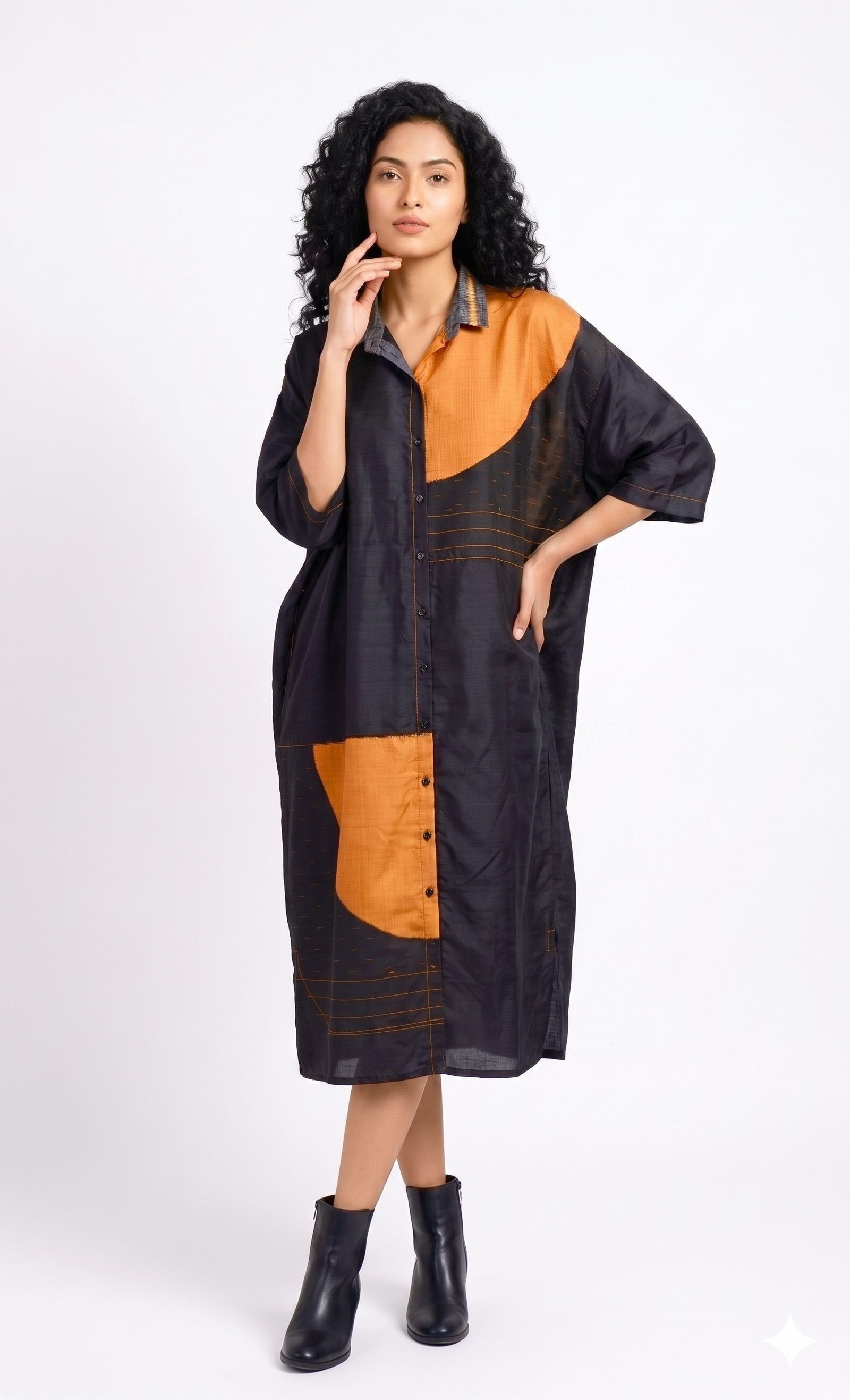 Handwoven Ikat Silk Shirt Dress Black