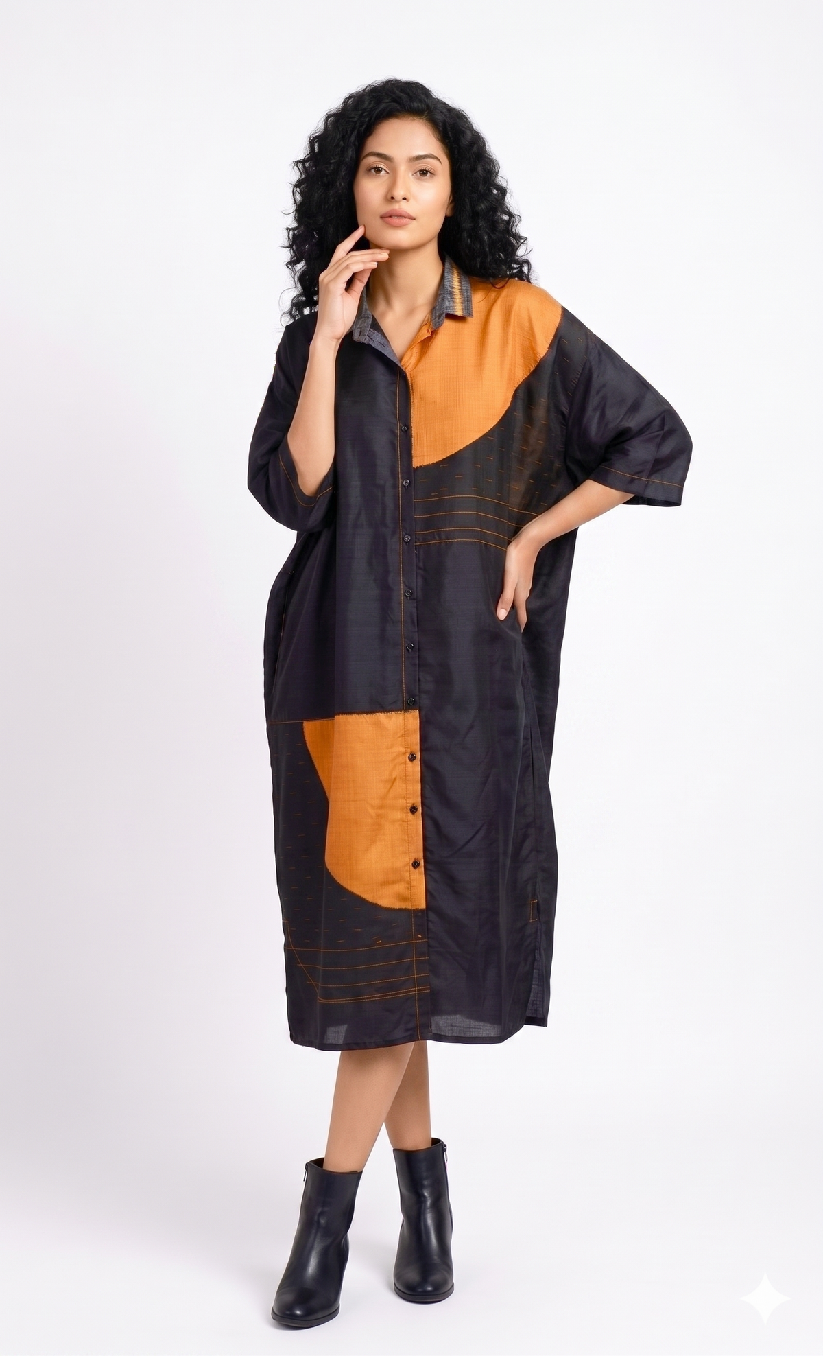 Handwoven Ikat Silk Shirt Dress Black