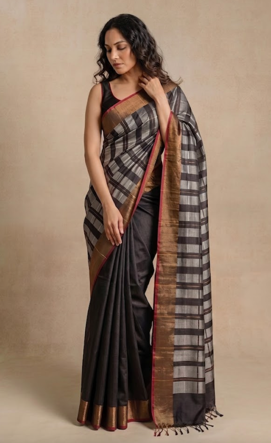 Jal Stripe Handwoven Tussar Silk Saree - Black