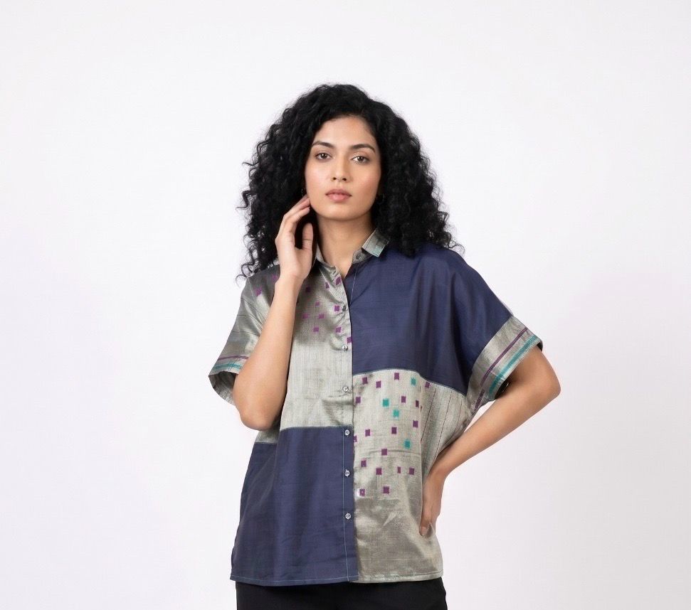 Handwoven Ikat Silk Shirt (Chaand ) Blue