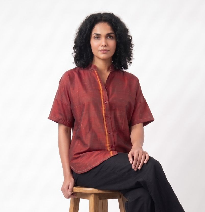 Handwoven Ikat Silk Shirt (jharna) Maroon