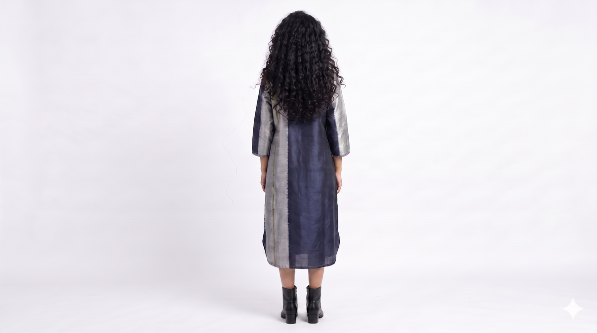 Handwoven Ikat Silk Kurta Dress Indigo