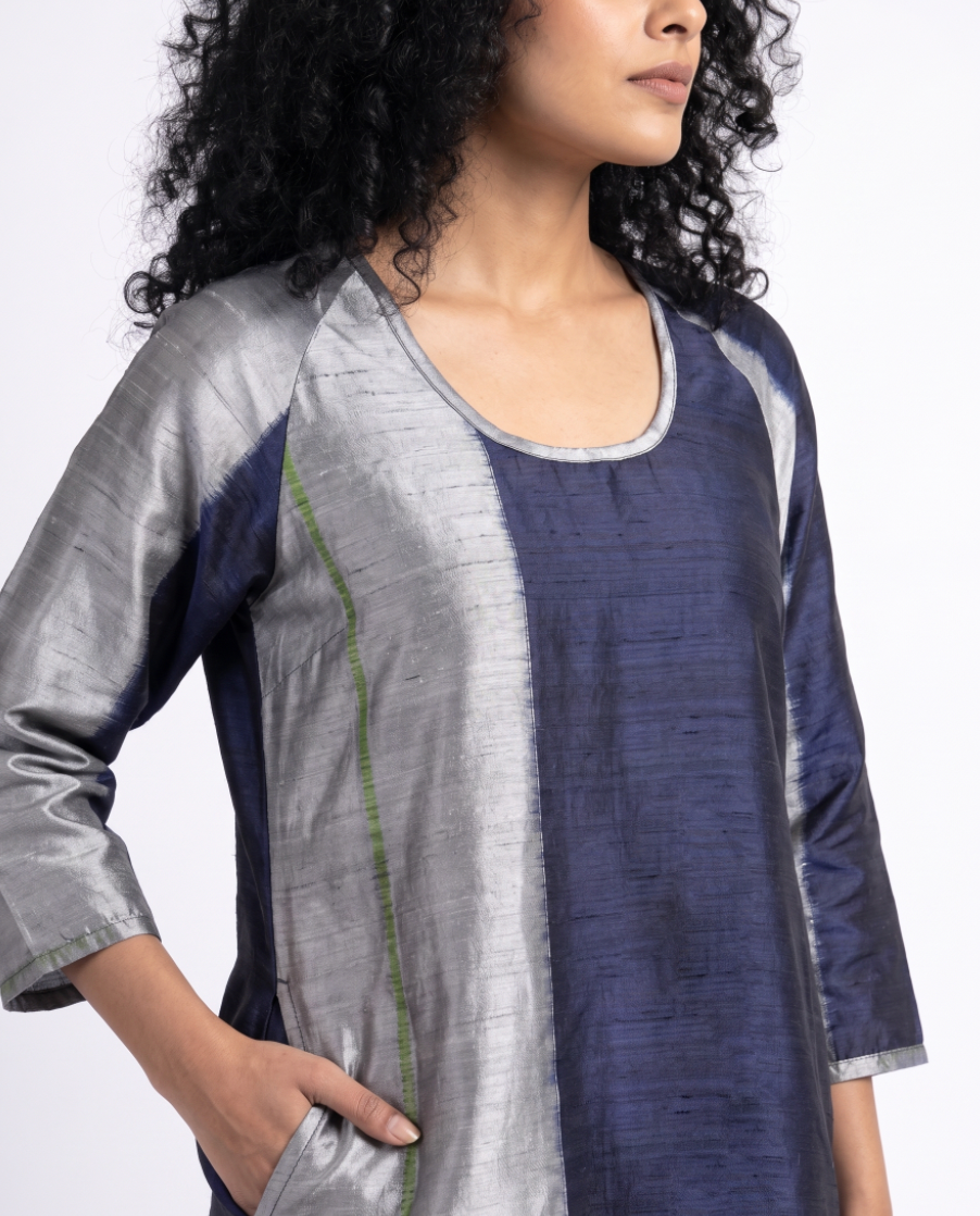Handwoven Ikat Silk Kurta Dress Indigo