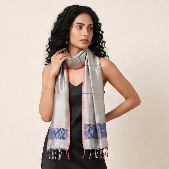 Tussar Silk Stole - Silver Blue