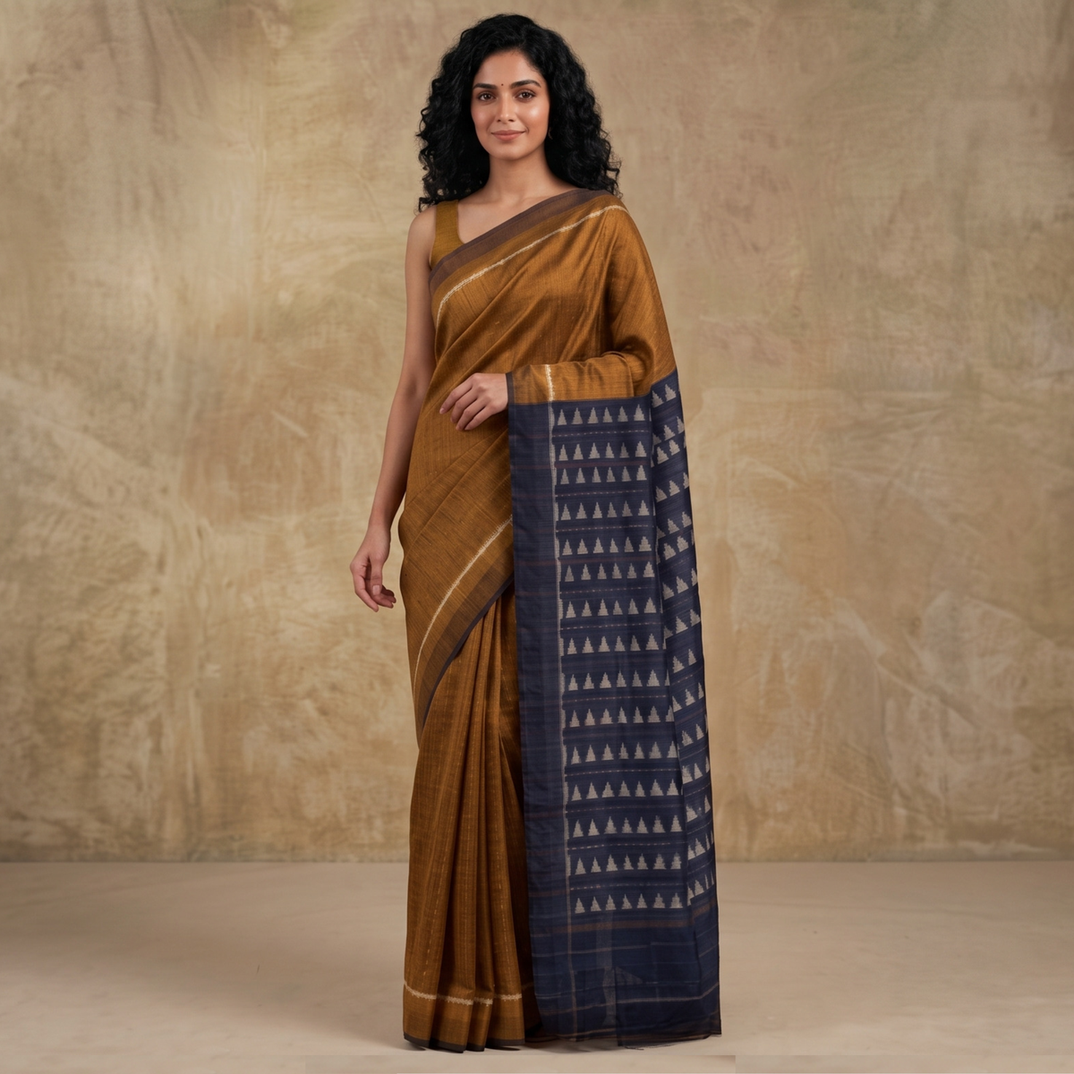 Noor Handwoven Ikat Silk Saree - Gold Indigo
