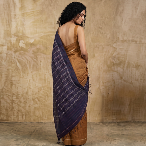 Noor Handwoven Ikat Silk Saree - Gold Indigo
