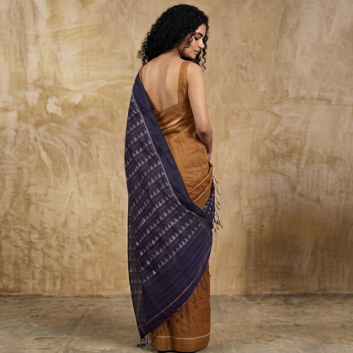Noor Handwoven Ikat Silk Saree - Gold Indigo