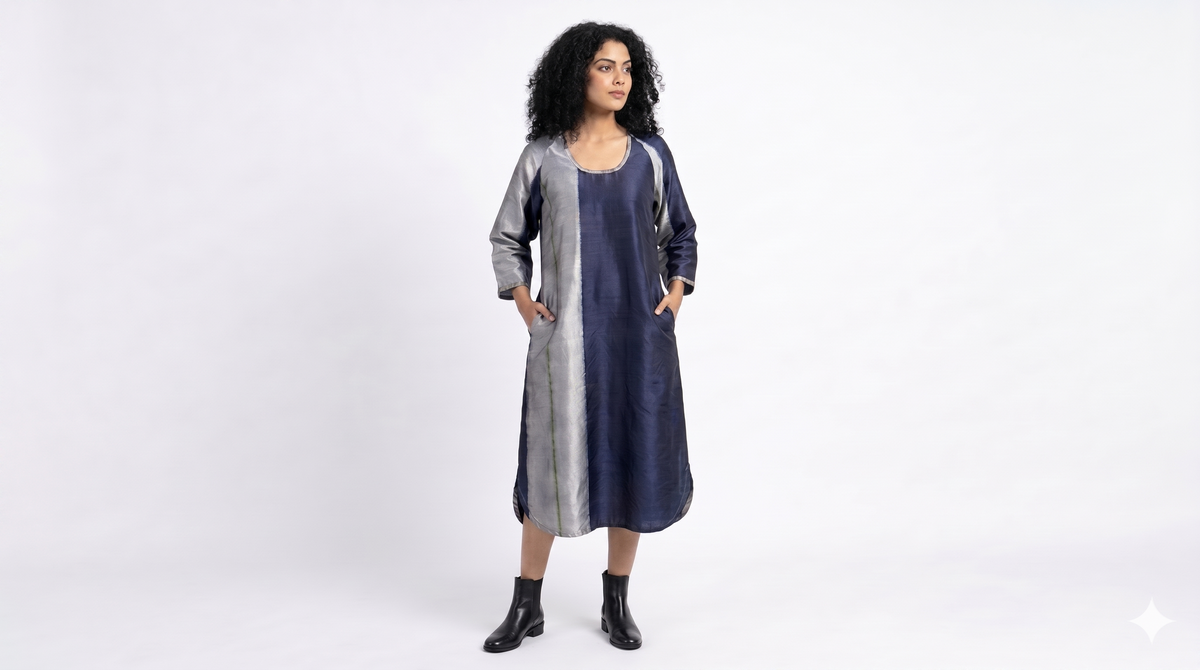 Handwoven Ikat Silk Kurta Dress Indigo
