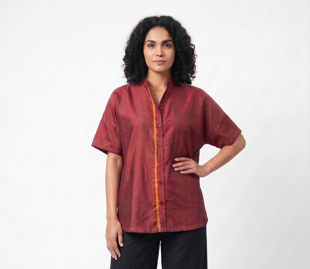 Handwoven Ikat Silk Shirt (jharna) Maroon