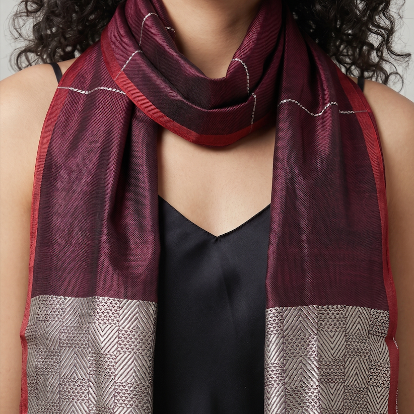 Tussar Silk Stole - Deep Maroon