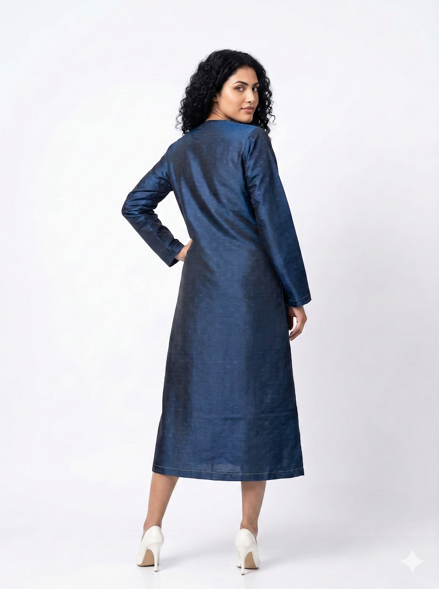Handwoven Ikat Silk Reversible Long Jacket Indigo