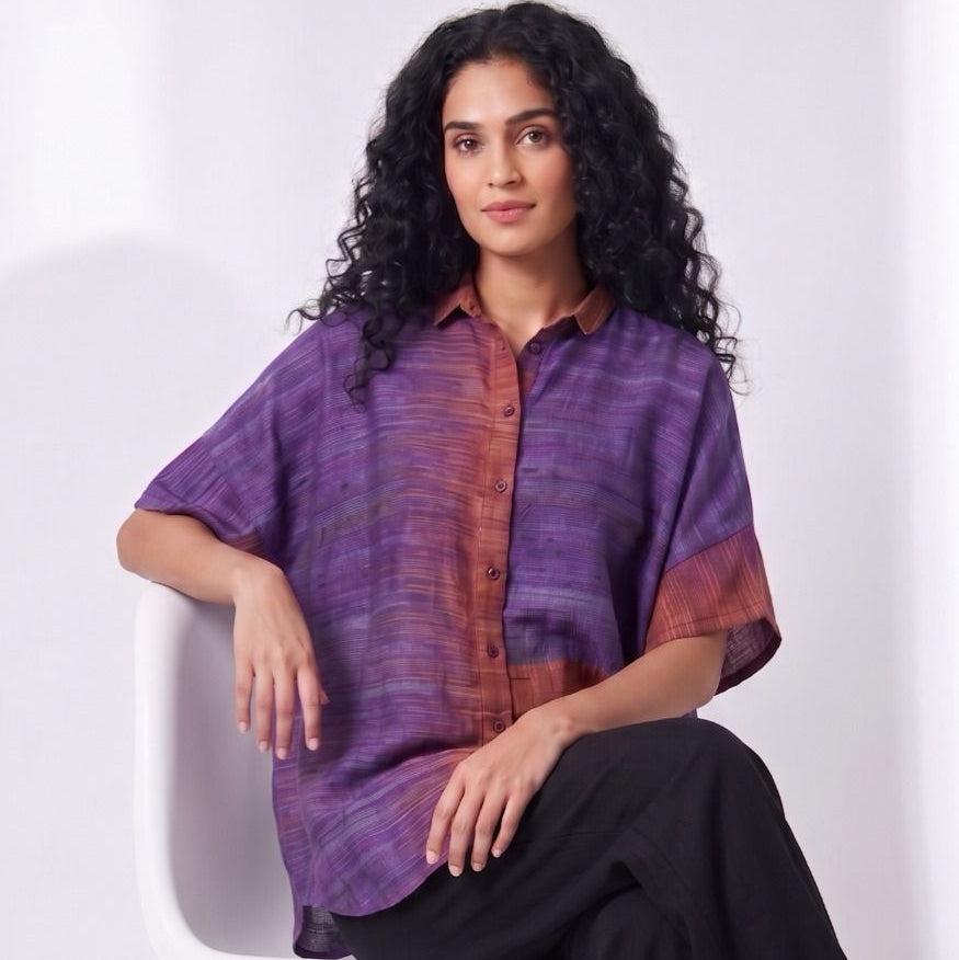 Handwoven Ikat Ahimsa Silk Shirt (Bijli) - Purple