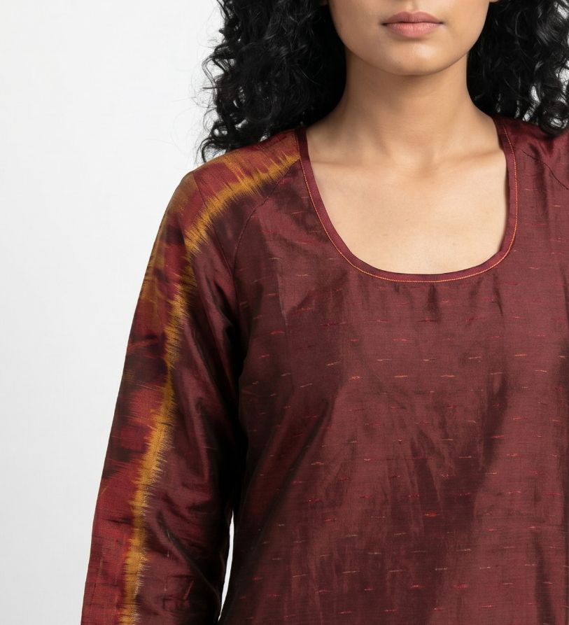 Handwoven Ikat Silk Kurta Dress  Maroon