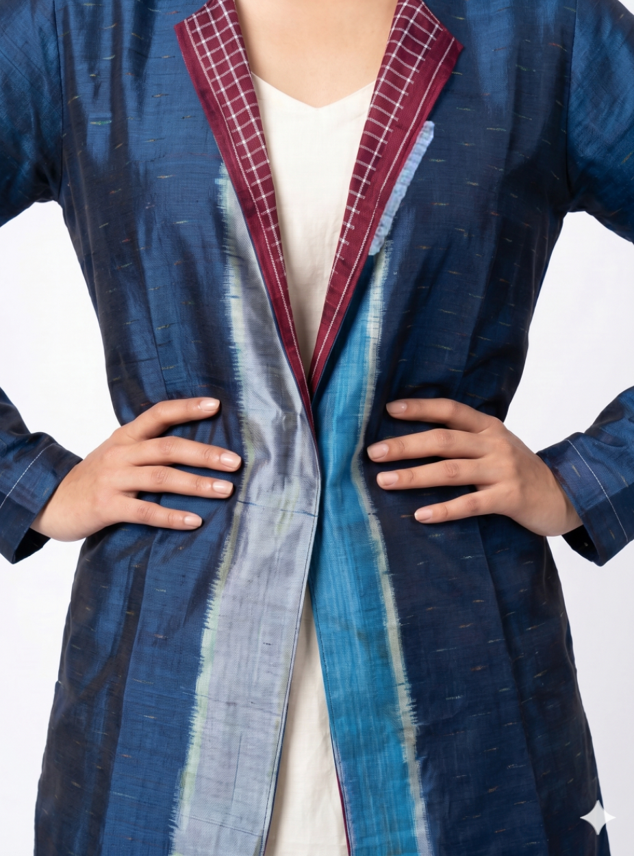 Handwoven Ikat Silk Reversible Long Jacket Indigo