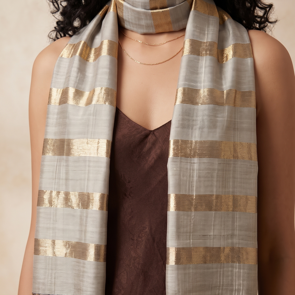 Ikat Silk Stole - Silver gold