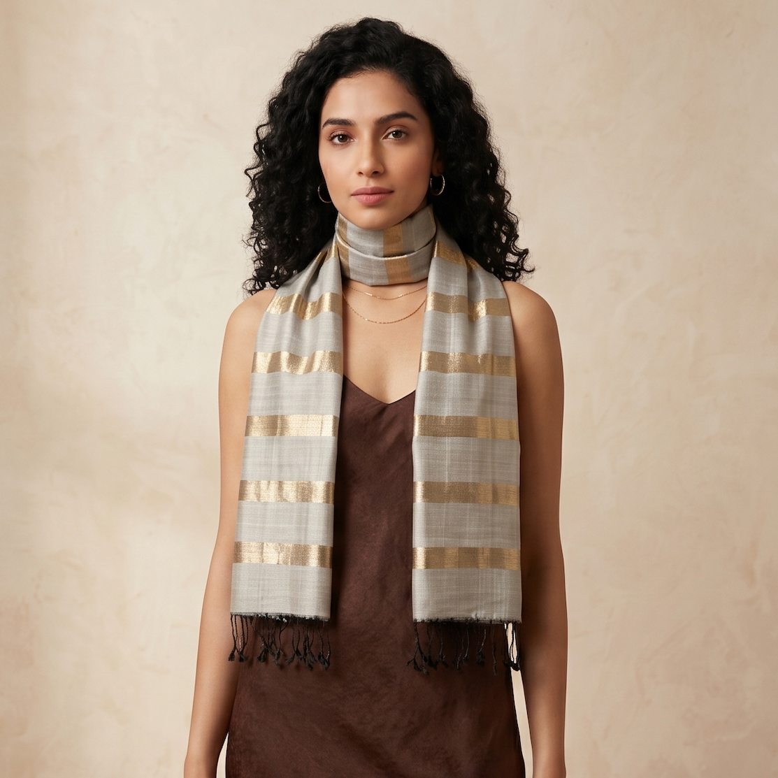 Ikat Silk Stole - Silver gold
