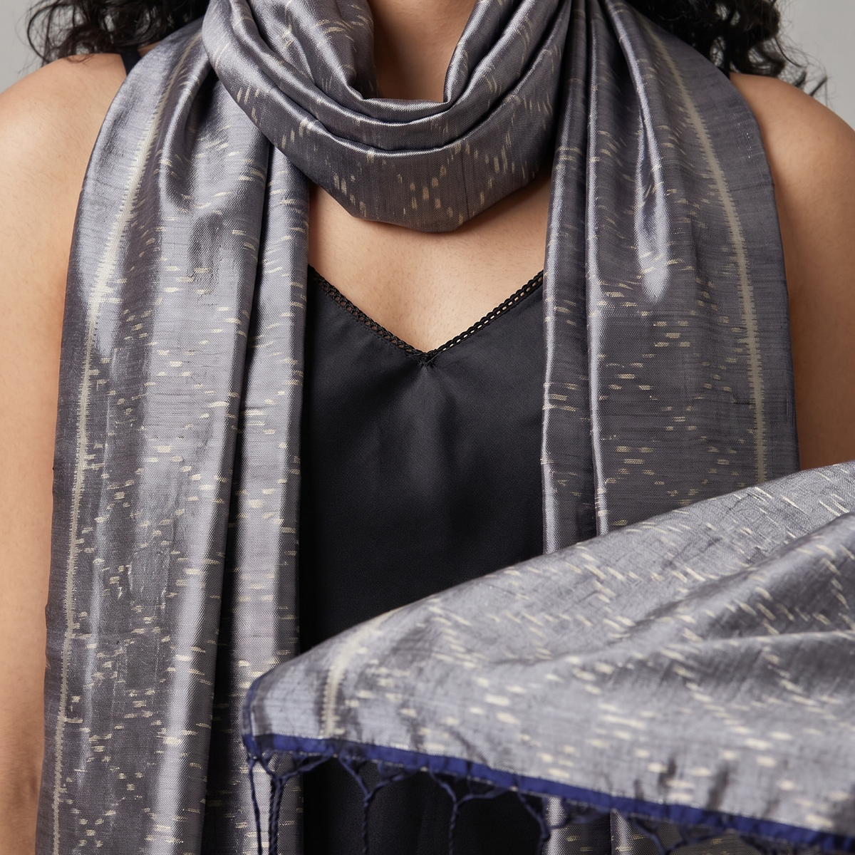 Ikat Silk Stole - Dark Grey