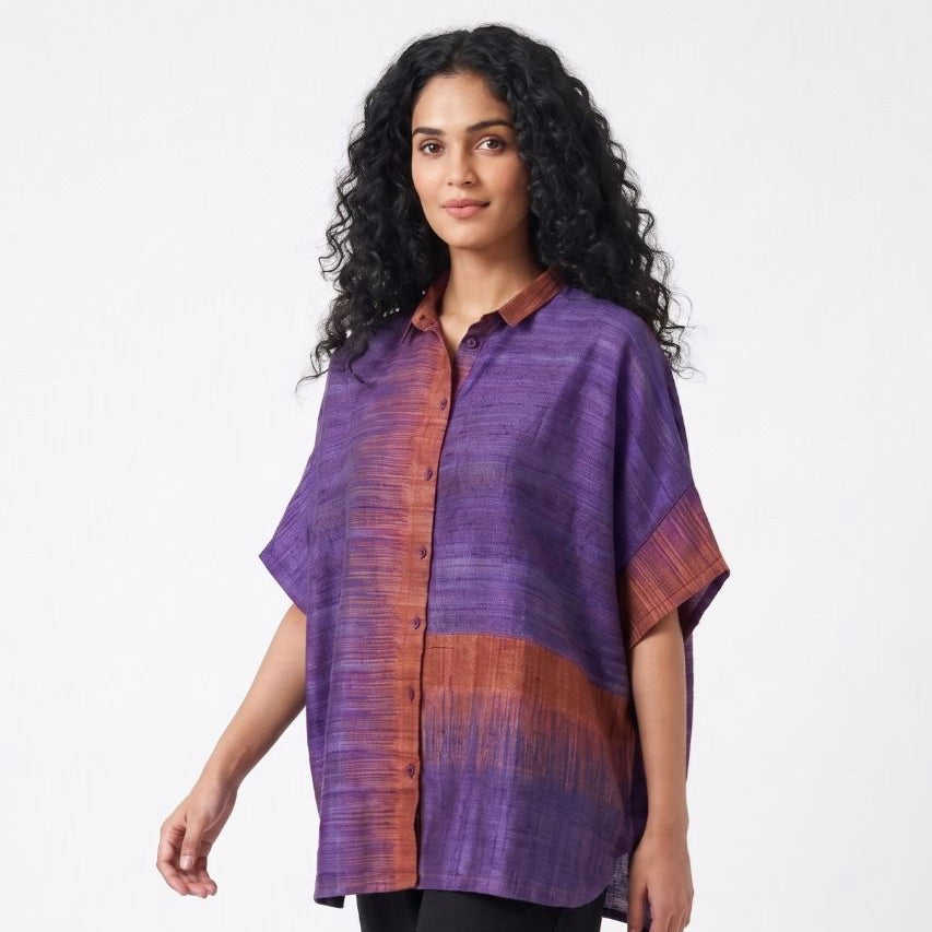 Handwoven Ikat Ahimsa Silk Shirt (Bijli) - Purple