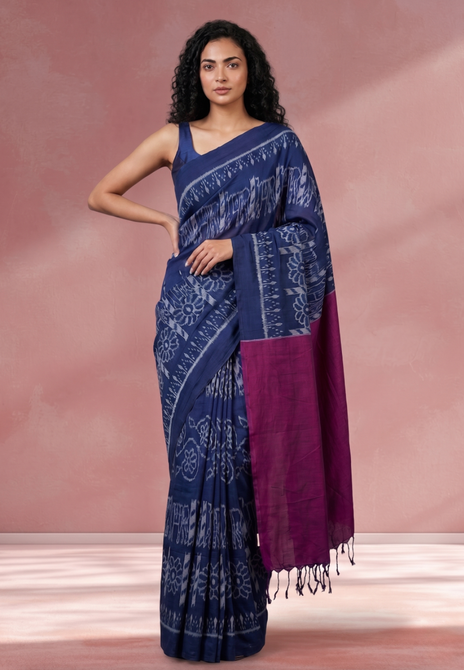KHANDUA Handloom Cotton Ikat Saree - Indigo