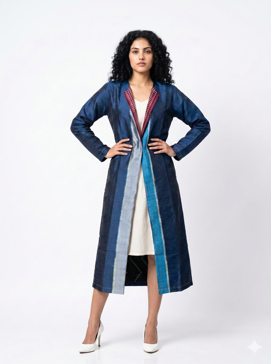 Handwoven Ikat Silk Reversible Long Jacket Indigo