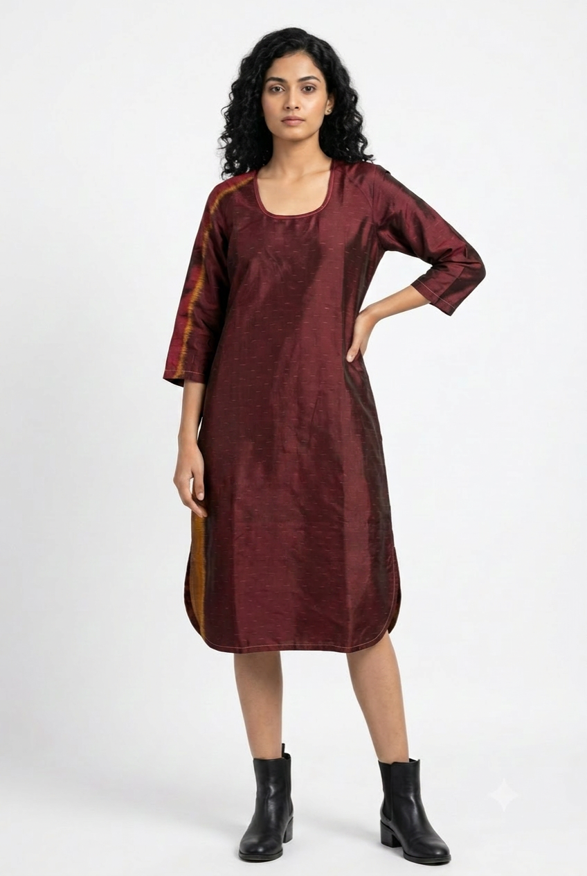 Handwoven Ikat Silk Kurta Dress  Maroon