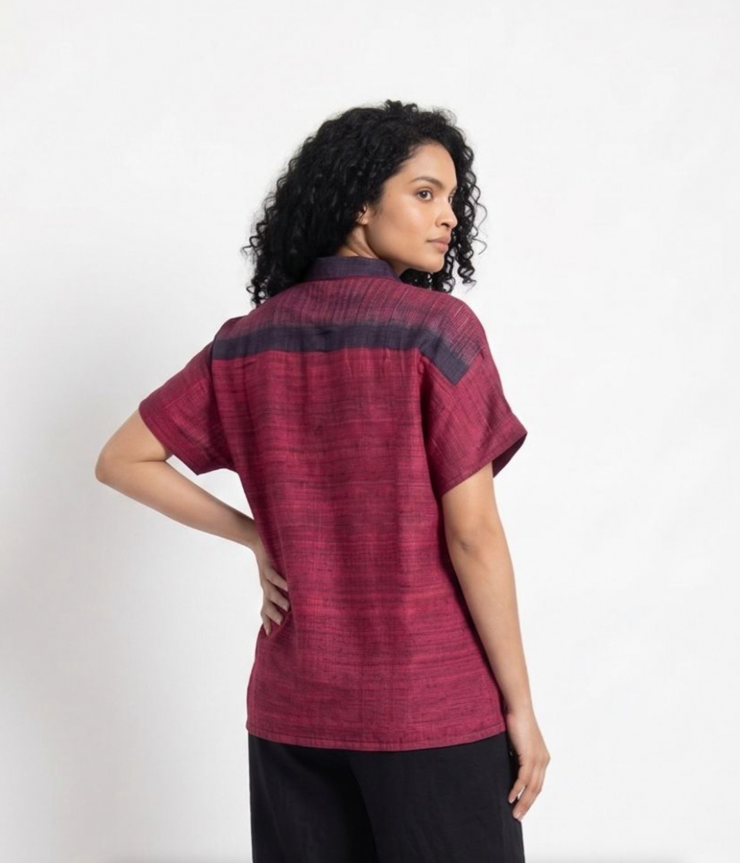 Handwoven Ikat Ahimsa Silk Shirt (Bijli) - Crimson