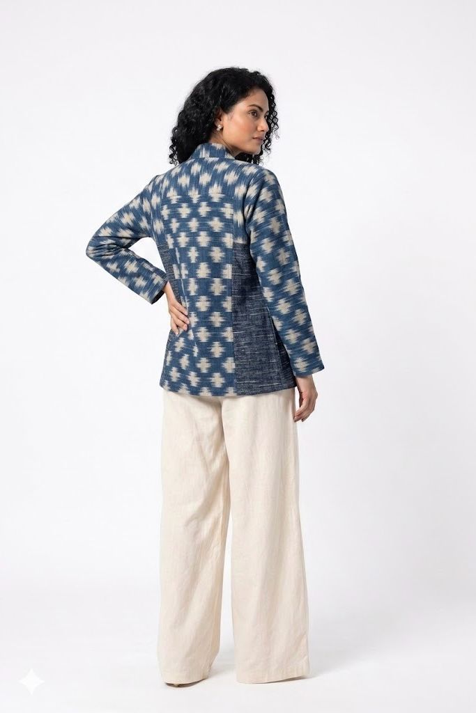 Handwoven Ikat  Ahimsa Tussar Silk Jacket- Indigo
