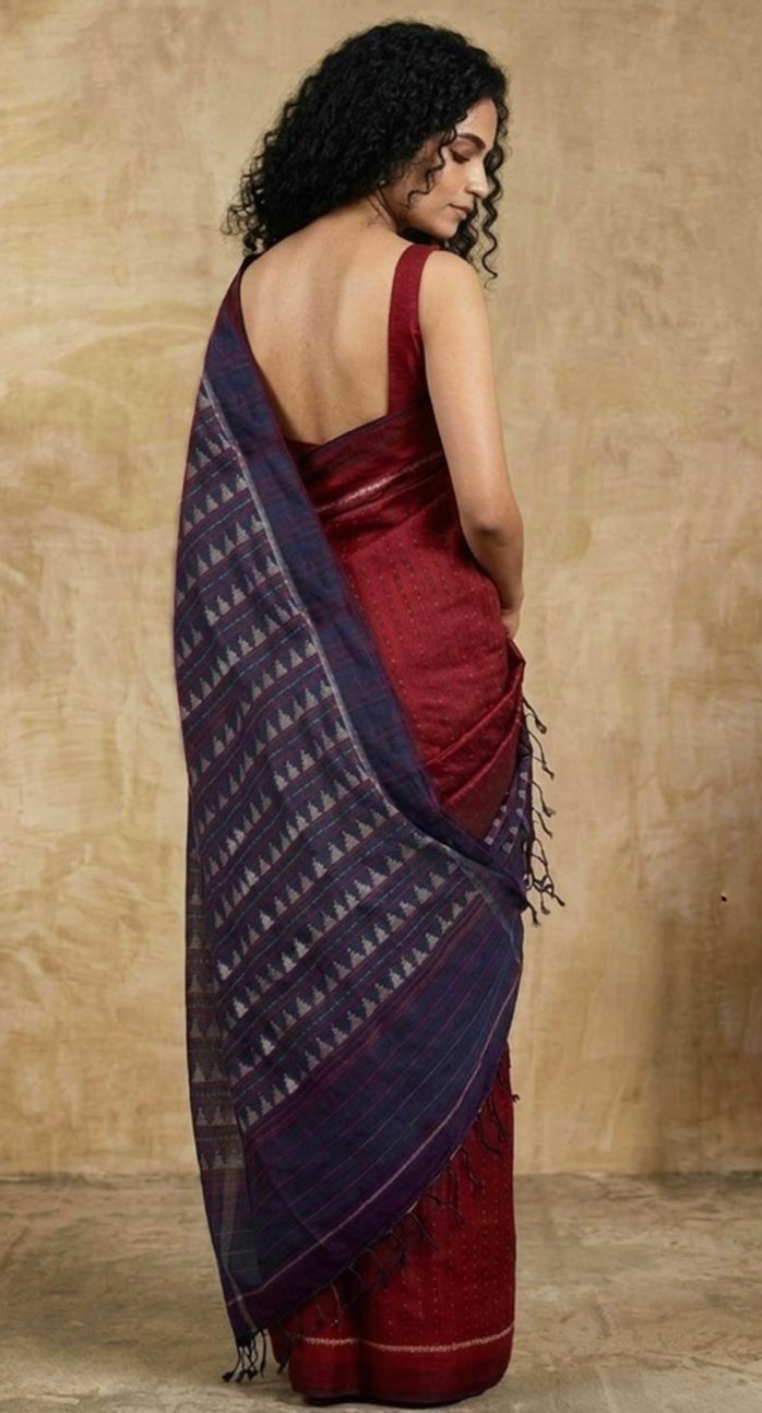 Noor Handwoven Ikat Silk Saree - Red Indigo