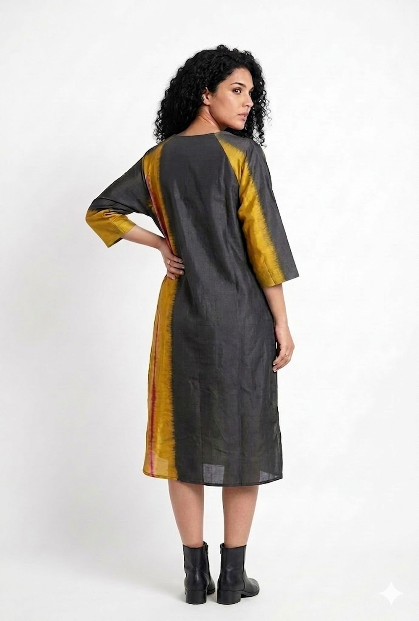 Handwoven Ikat Silk Kurta Dress Gold