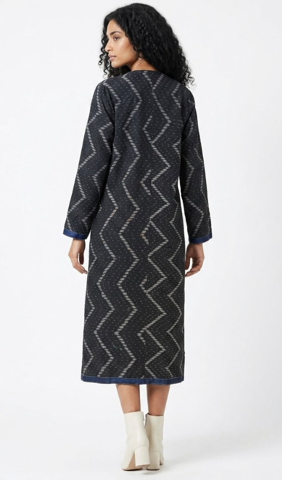Handwoven Ikat Silk Reversible Long Jacket Indigo