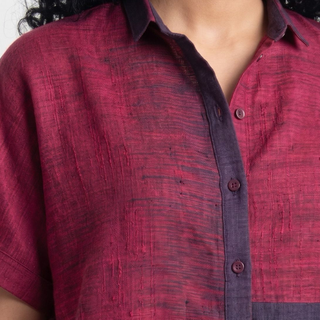 Handwoven Ikat Ahimsa Silk Shirt (Bijli) - Crimson