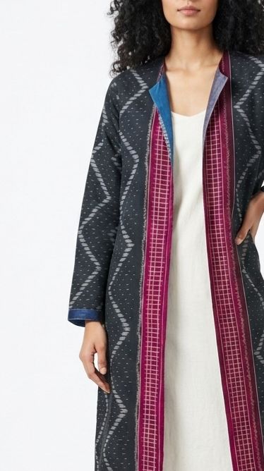 Handwoven Ikat Silk Reversible Long Jacket Indigo