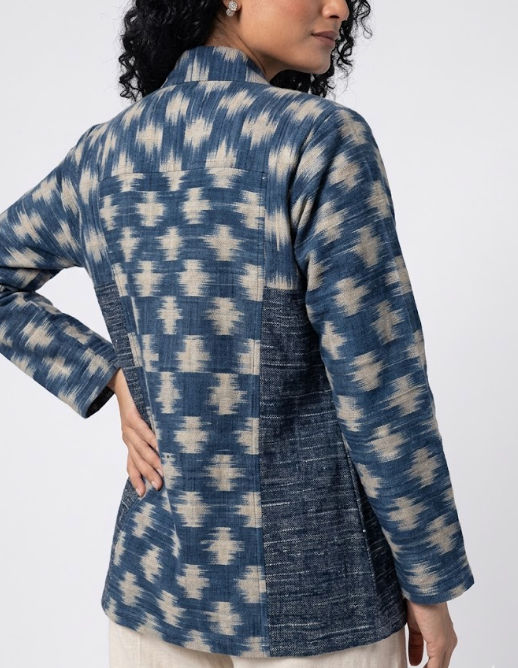 Handwoven Ikat  Ahimsa Tussar Silk Jacket- Indigo
