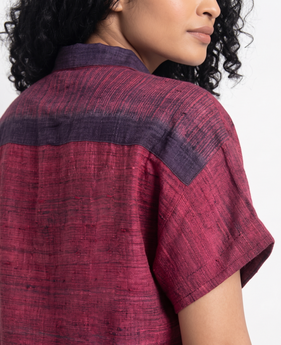 Handwoven Ikat Ahimsa Silk Shirt (Bijli) - Crimson