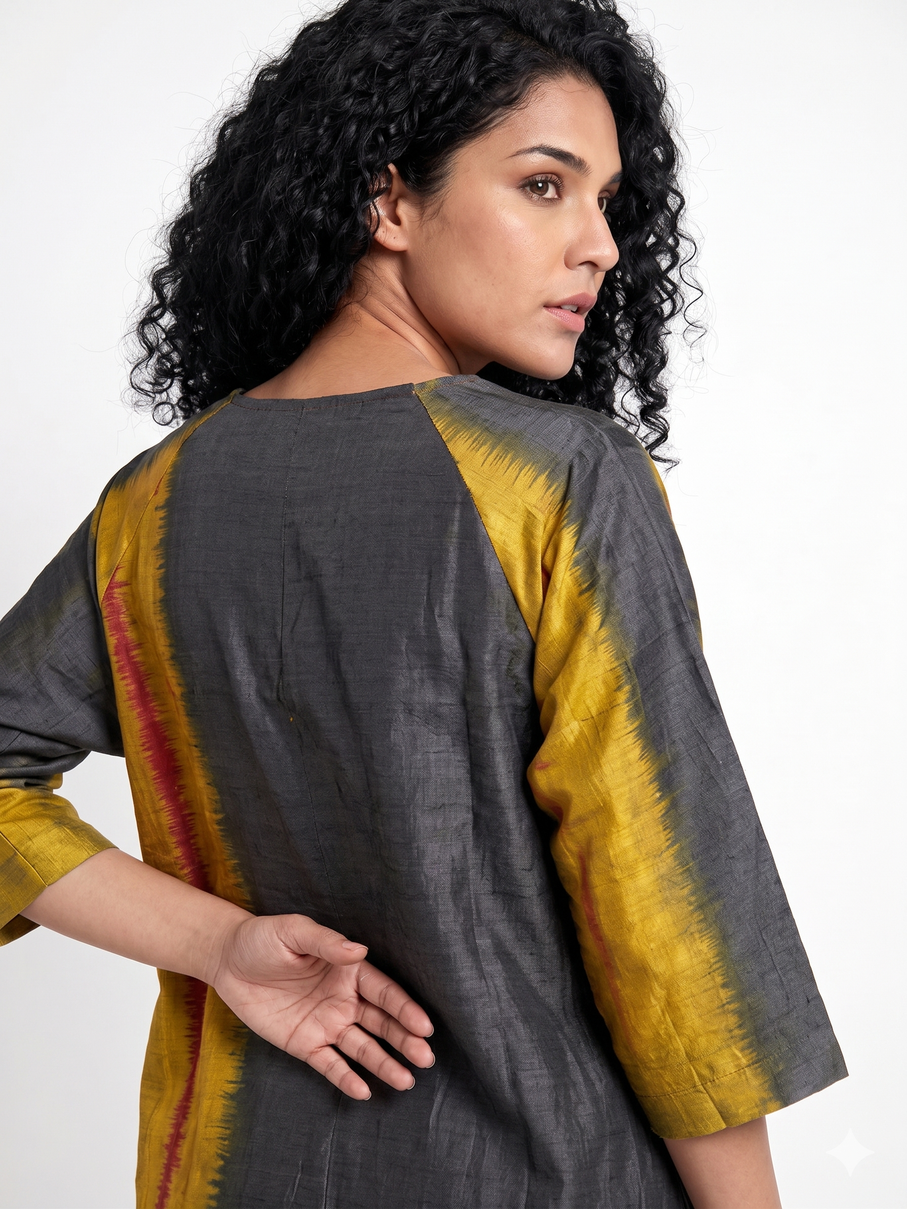 Handwoven Ikat Silk Kurta Dress Gold