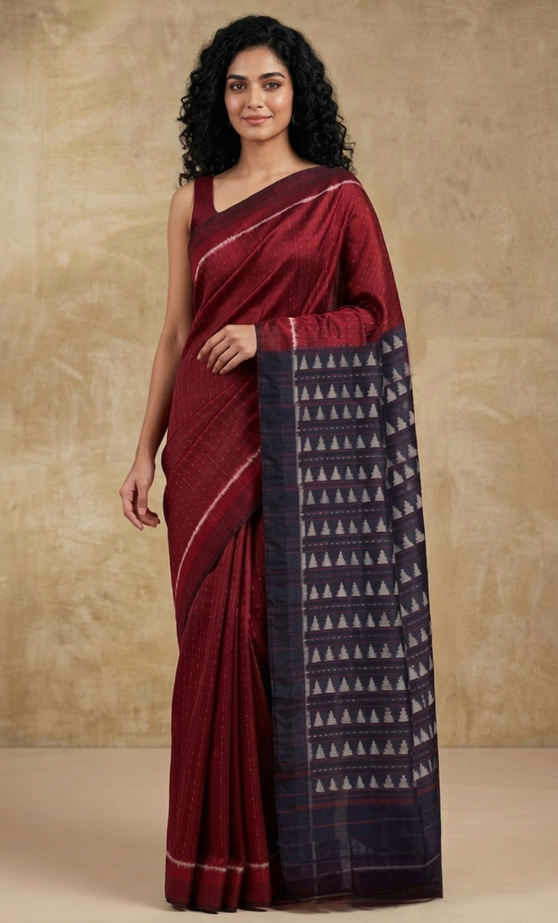 Noor Handwoven Ikat Silk Saree - Red Indigo