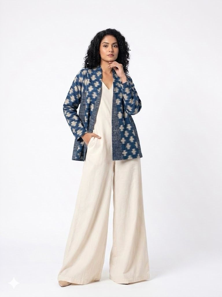 Handwoven Ikat  Ahimsa Tussar Silk Jacket- Indigo