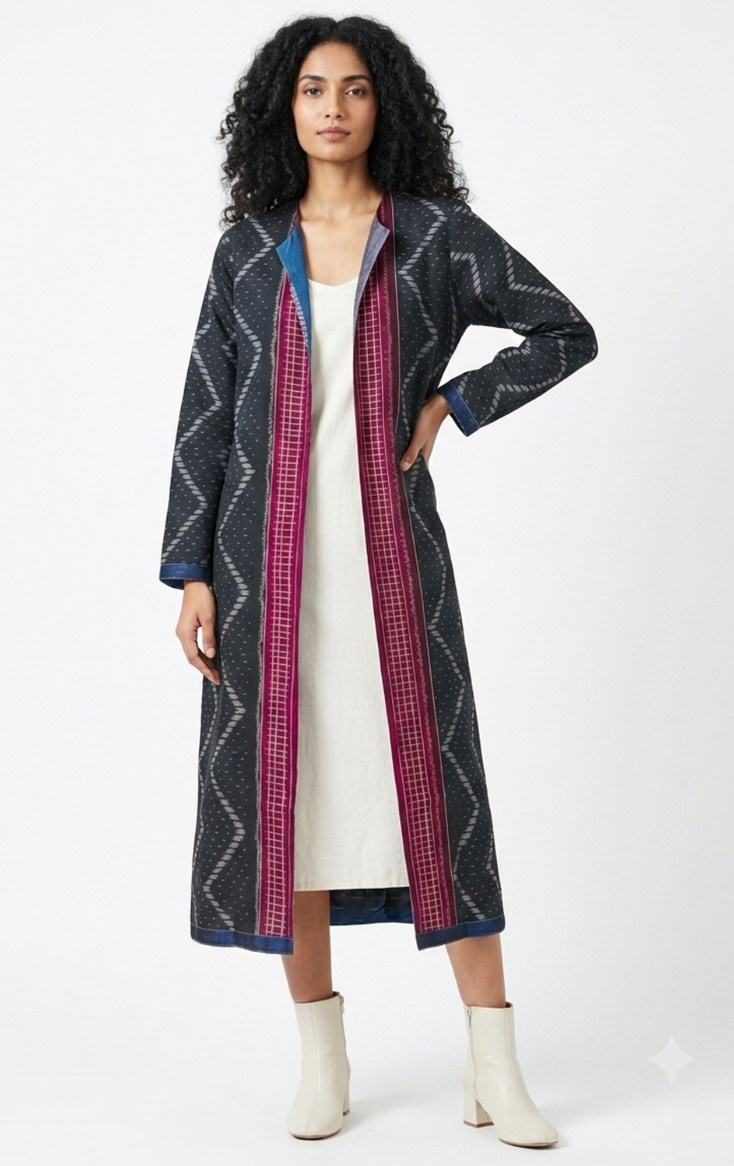 Handwoven Ikat Silk Reversible Long Jacket Indigo