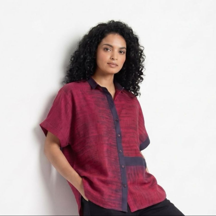 Handwoven Ikat Ahimsa Silk Shirt (Bijli) - Crimson