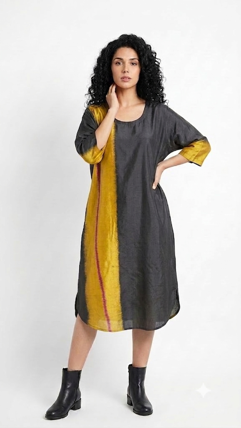 Handwoven Ikat Silk Kurta Dress Gold
